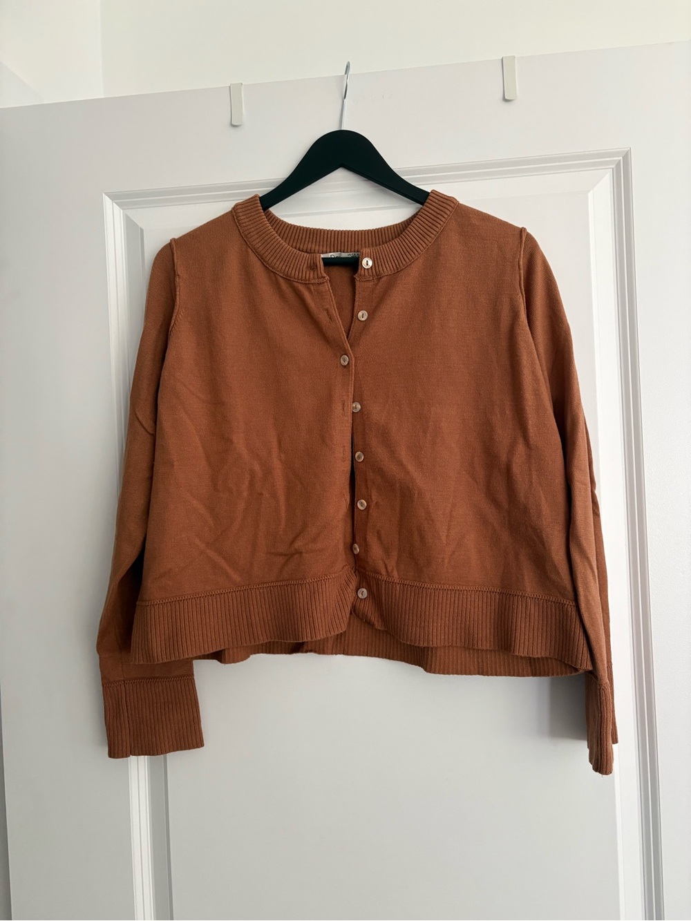Dex Button-Front Crewneck Cardigan in Rust Brown